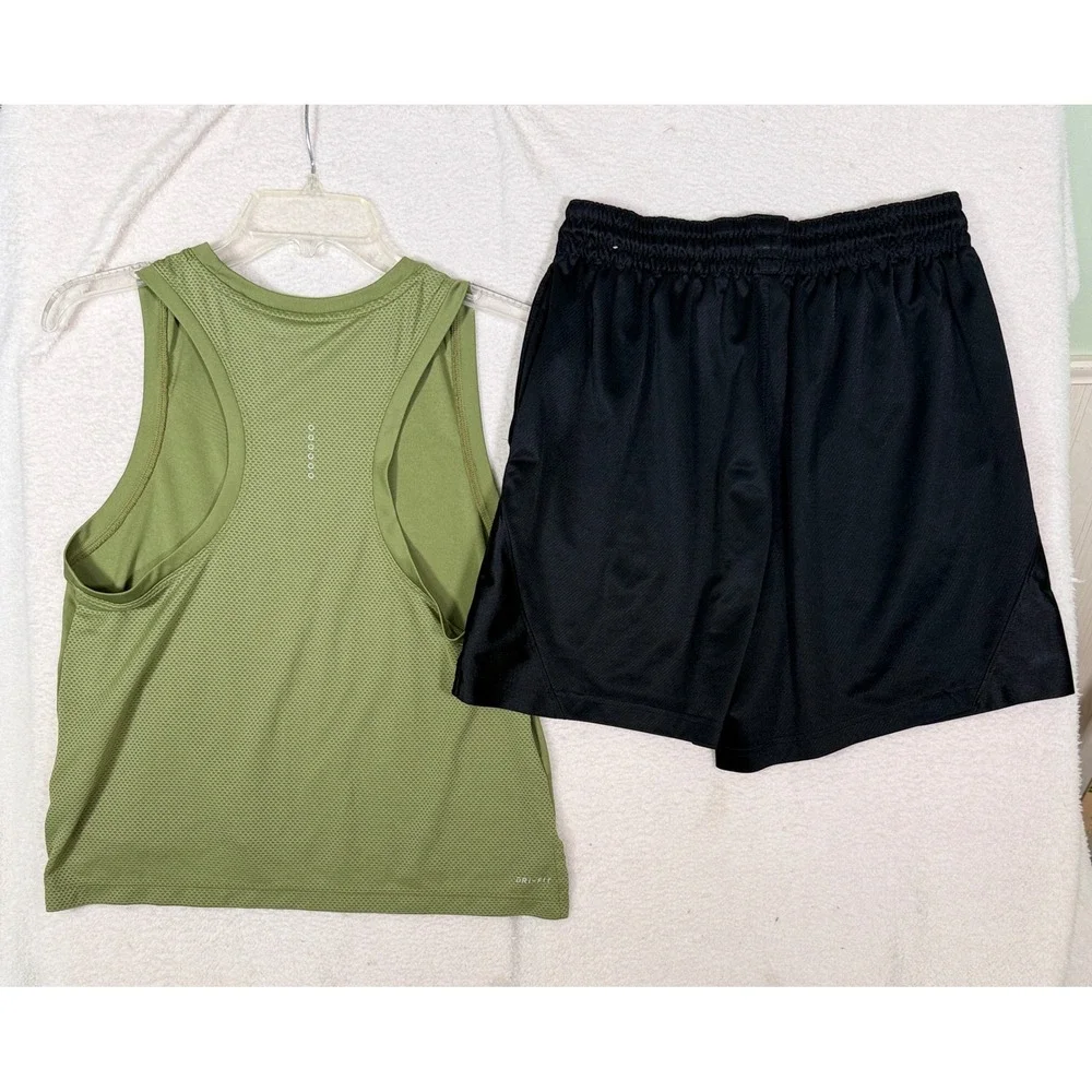 Nike Womens Dri-FIT Running Tank and Fly Shorts Set Olive Green Black Medium